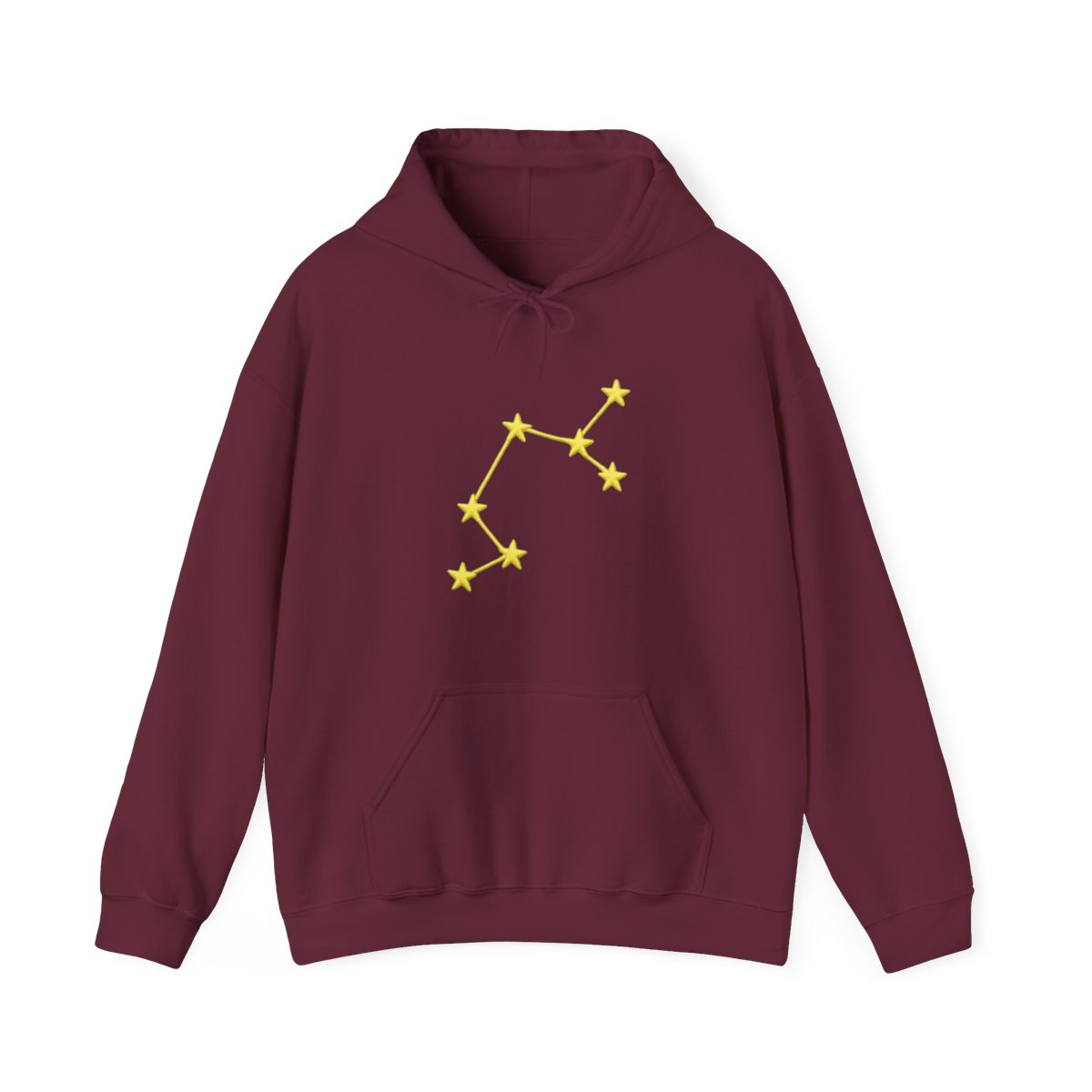 A light green hoodie with a yellow embroidered constellation design on the left sleeve. The hoodie has a ribbed cuff and a relaxed fit. The person is wearing dark gray pants. - alternate angle 3, merchandise