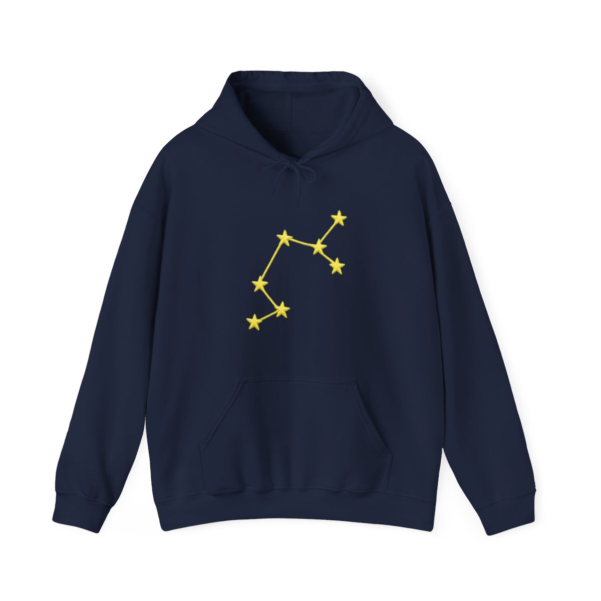 A light green hoodie with a yellow embroidered constellation design on the left sleeve. The hoodie has a ribbed cuff and a relaxed fit. The person is wearing dark gray pants. - alternate angle 3, merchandise