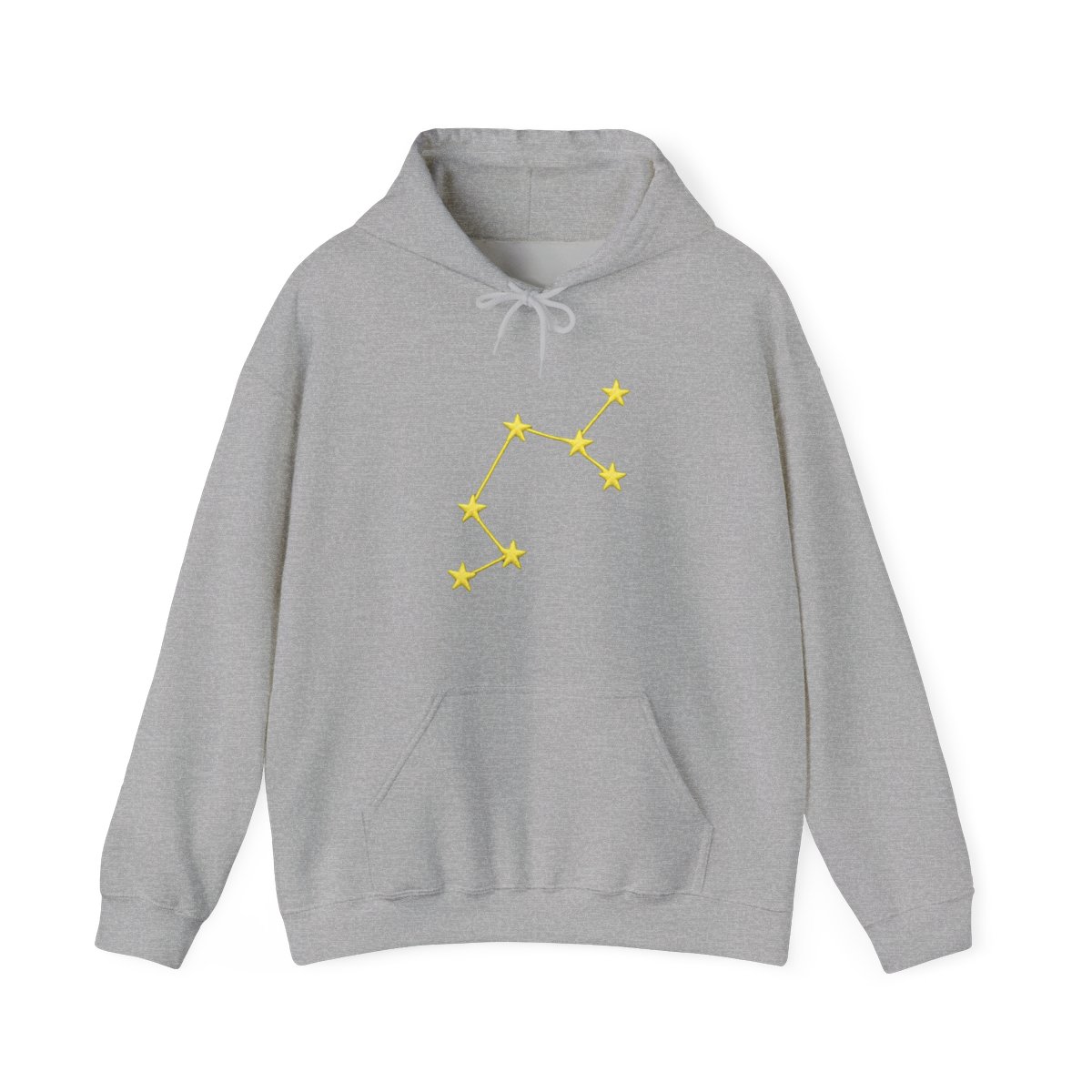 A light green hoodie with a yellow embroidered constellation design on the left sleeve. The hoodie has a ribbed cuff and a relaxed fit. The person is wearing dark gray pants. - alternate angle 2, merchandise
