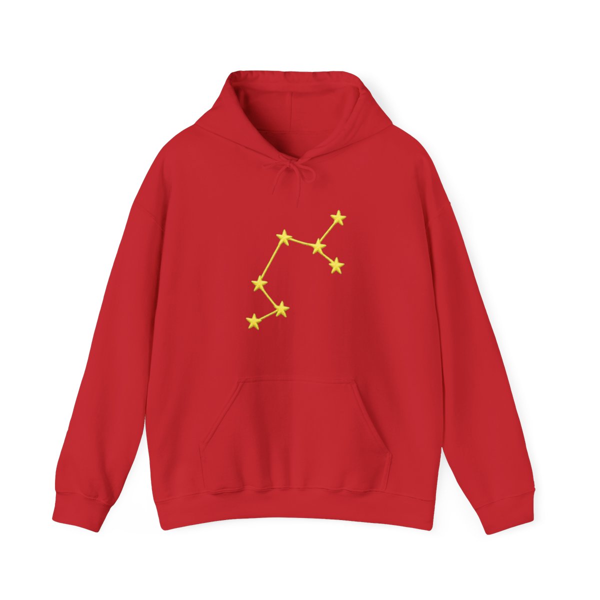 A light green hoodie with a yellow embroidered constellation design on the left sleeve. The hoodie has a ribbed cuff and a relaxed fit. The person is wearing dark gray pants. - alternate angle 2, merchandise