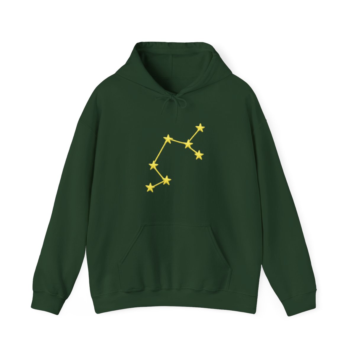 A light green hoodie with a yellow embroidered constellation design on the left sleeve. The hoodie has a ribbed cuff and a relaxed fit. The person is wearing dark gray pants. - alternate angle 5, merchandise