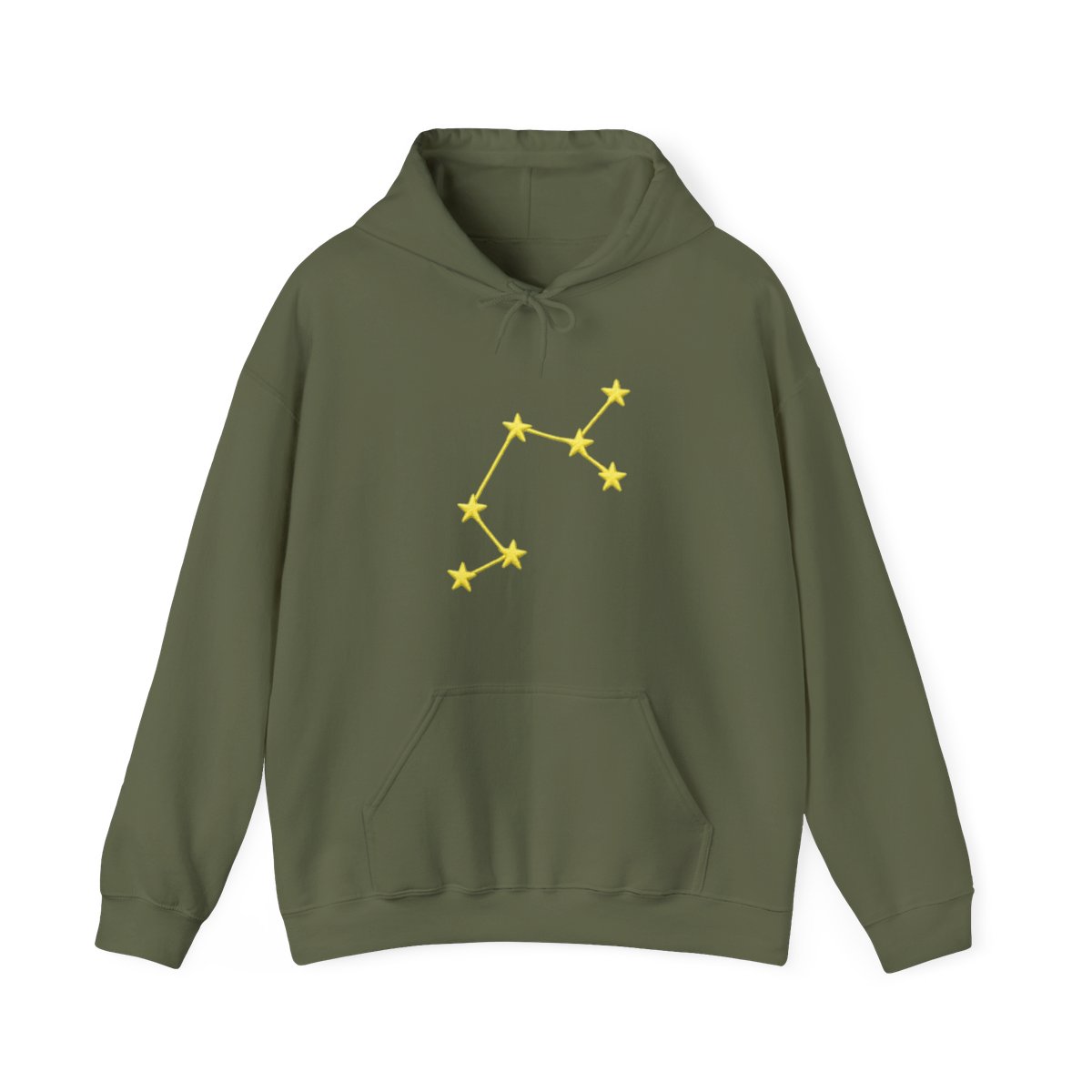 A light green hoodie with a yellow embroidered constellation design on the left sleeve. The hoodie has a ribbed cuff and a relaxed fit. The person is wearing dark gray pants. - alternate angle 4, merchandise