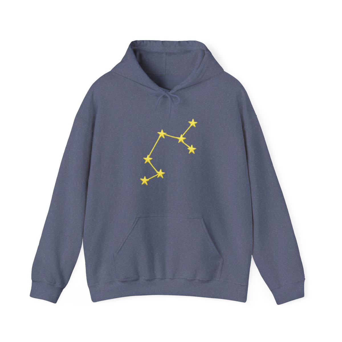 A light green hoodie with a yellow embroidered constellation design on the left sleeve. The hoodie has a ribbed cuff and a relaxed fit. The person is wearing dark gray pants.