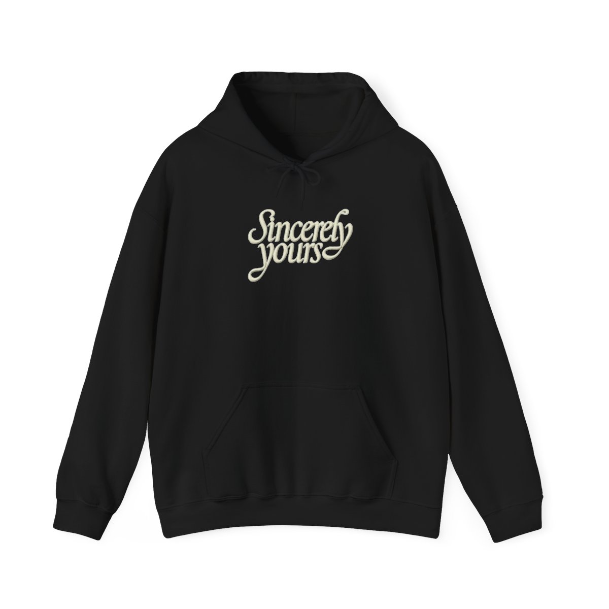 A light green hoodie with a kangaroo pocket and a drawstring hood. The phrase "Sincerely yours" is in a cursive font across the chest. The hoodie is made of a soft material