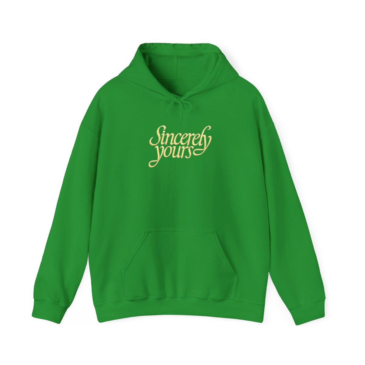 A light gray hoodie with a kangaroo pocket and a hood. The words "Sincerely yours" are in a cursive, yellow font across the chest. The hoodie is made of a soft material - alternate angle 3, merchandise