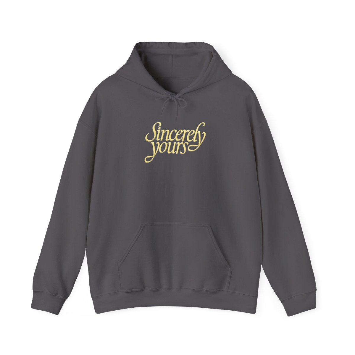 A light gray hoodie with a kangaroo pocket and a hood. The words "Sincerely yours" are in a cursive, yellow font across the chest. The hoodie is made of a soft material - alternate angle 4, merchandise