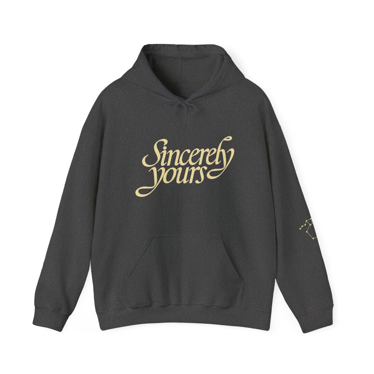 A pale blue hoodie with a front pocket and a hood. The text "Sincerely yours" is printed on the front. A constellation design is on the left sleeve - alternate angle 2, merchandise