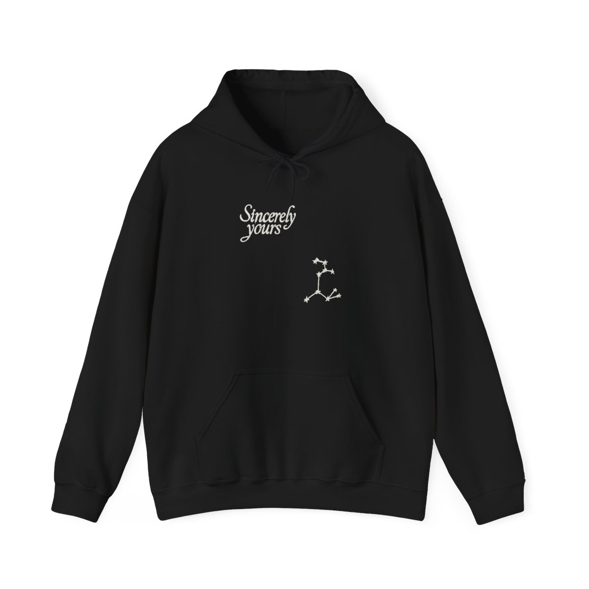 A pale blue hoodie with a front pocket and a hood. The text "Sincerely yours" is printed on the front. A constellation design is on the left sleeve