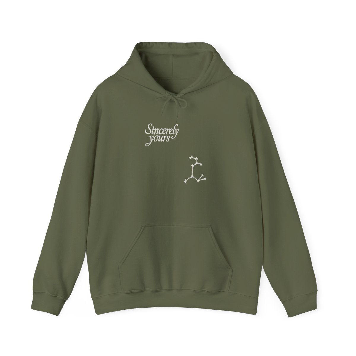 A pale blue hoodie with a front pocket and a hood. The text "Sincerely yours" is printed on the front. A constellation design is on the left sleeve - alternate angle 3, merchandise