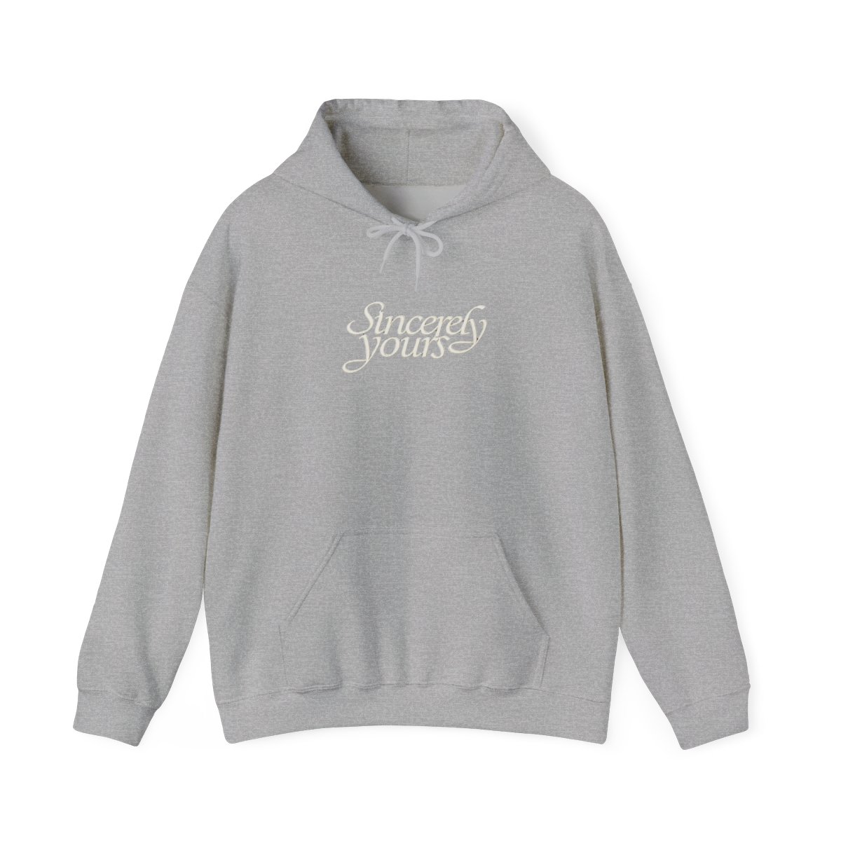 Black hooded Hoodie with the text "Sincerely yours" in a cursive font across the chest. The Hoodie has a kangaroo pocket and drawstrings. Small details are on the sleeves