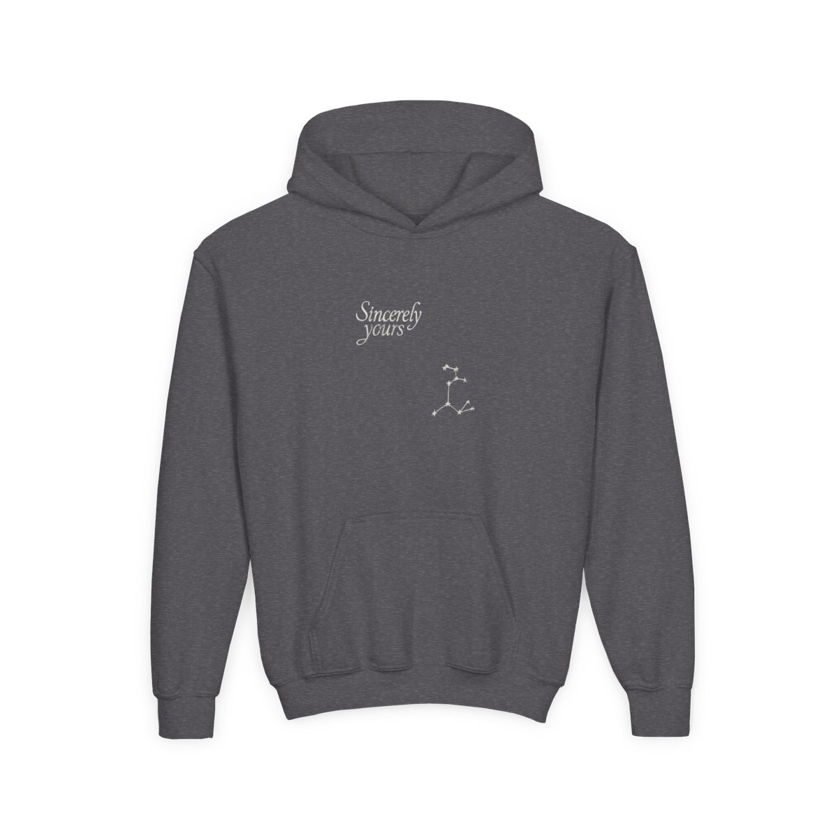 A pale blue hoodie with a front pocket and a hood. The text "Sincerely yours" is printed on the front. A constellation design is on the left sleeve (Kids) - alternate angle 2, merchandise