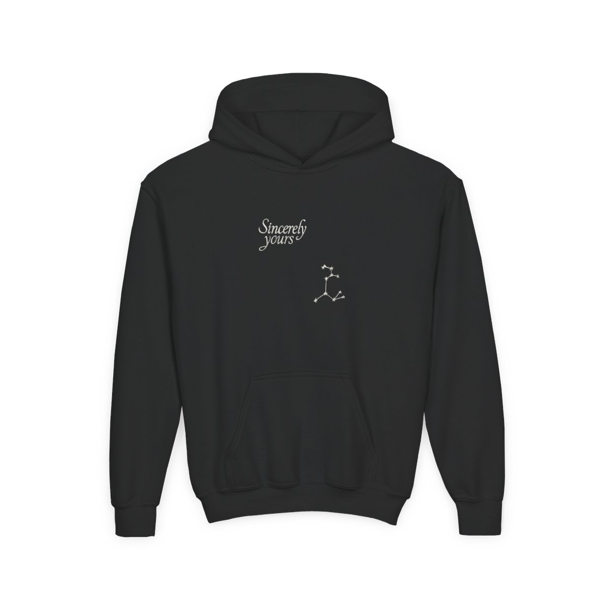 A pale blue hoodie with a front pocket and a hood. The text "Sincerely yours" is printed on the front. A constellation design is on the left sleeve (Kids)