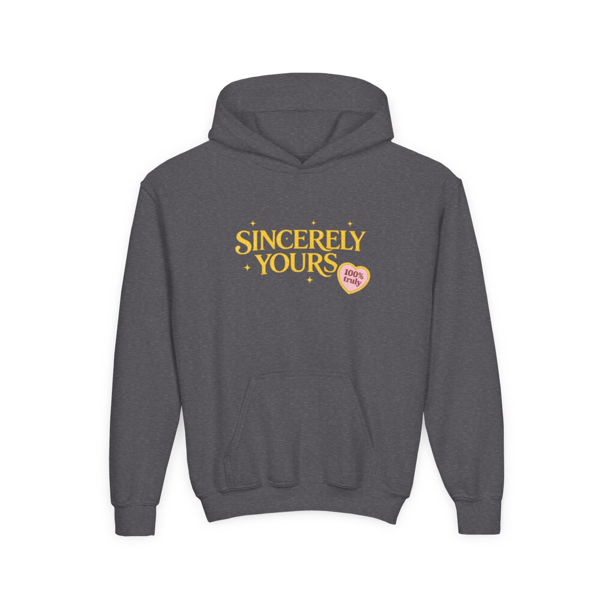 A light yellow hoodie with the text "Sincerely Yours" in a gold color across the chest. The hoodie has a kangaroo pocket and a drawstring hood. Patches are on the left sleeve and right wrist. The... (Kids) - alternate angle 2, merchandise