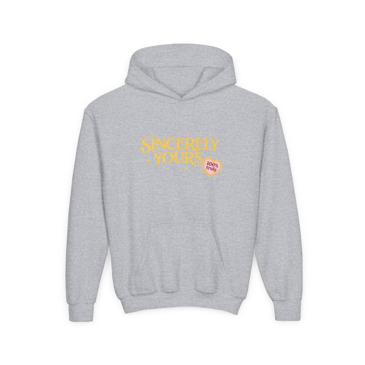 A light yellow hoodie with the text "Sincerely Yours" in a gold color across the chest. The hoodie has a kangaroo pocket and a drawstring hood. Patches are on the left sleeve and right wrist. The... (Kids) - alternate angle 4, merchandise