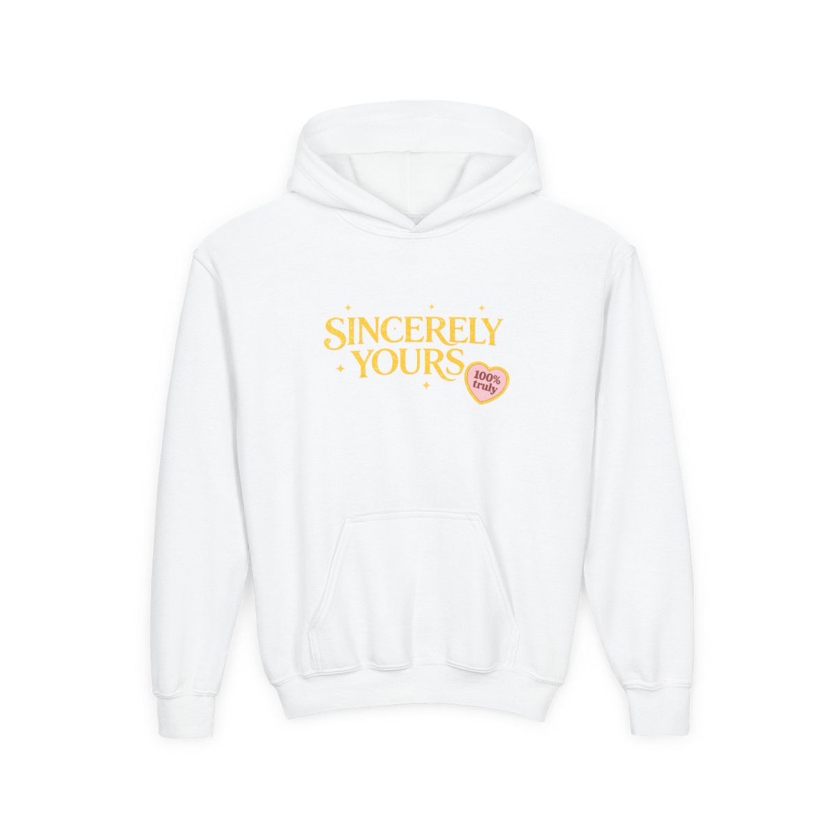 A light yellow hoodie with the text "Sincerely Yours" in a gold color across the chest. The hoodie has a kangaroo pocket and a drawstring hood. Patches are on the left sleeve and right wrist. The... (Kids) - alternate angle 3, merchandise