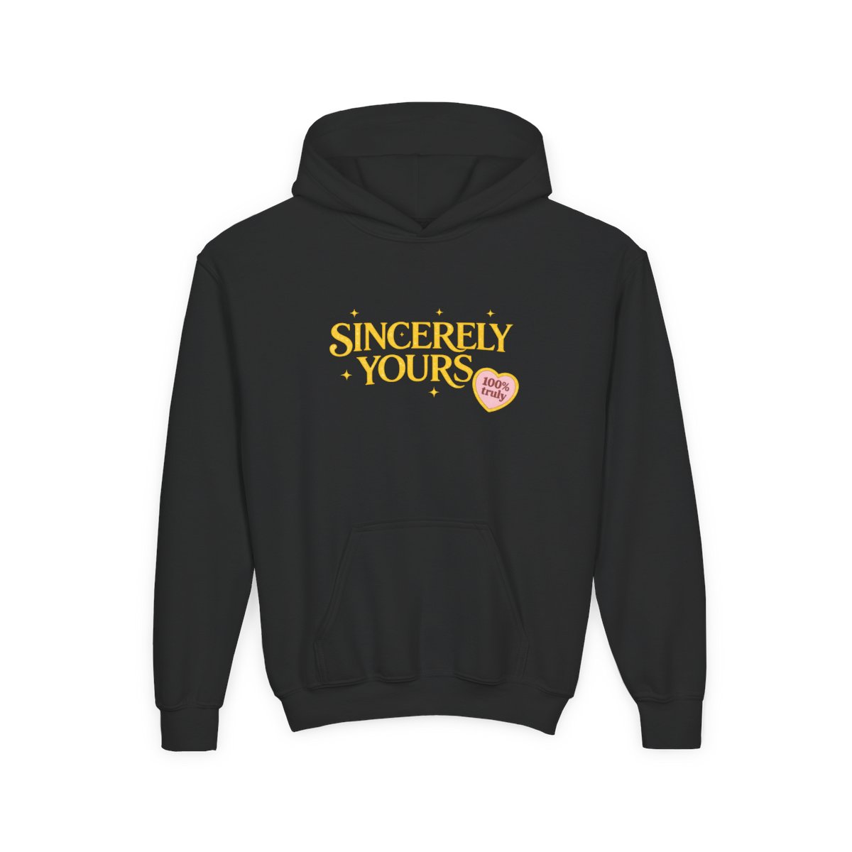 A light yellow hoodie with the text "Sincerely Yours" in a gold color across the chest. The hoodie has a kangaroo pocket and a drawstring hood. Patches are on the left sleeve and right wrist. The... (Kids)