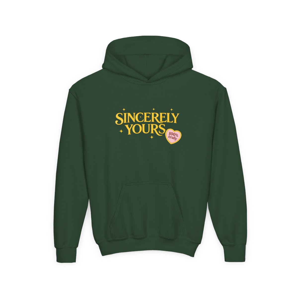 A light yellow hoodie with the text "Sincerely Yours" in a gold color across the chest. The hoodie has a kangaroo pocket and a drawstring hood. Patches are on the left sleeve and right wrist. The... (Kids) - alternate angle 5, merchandise