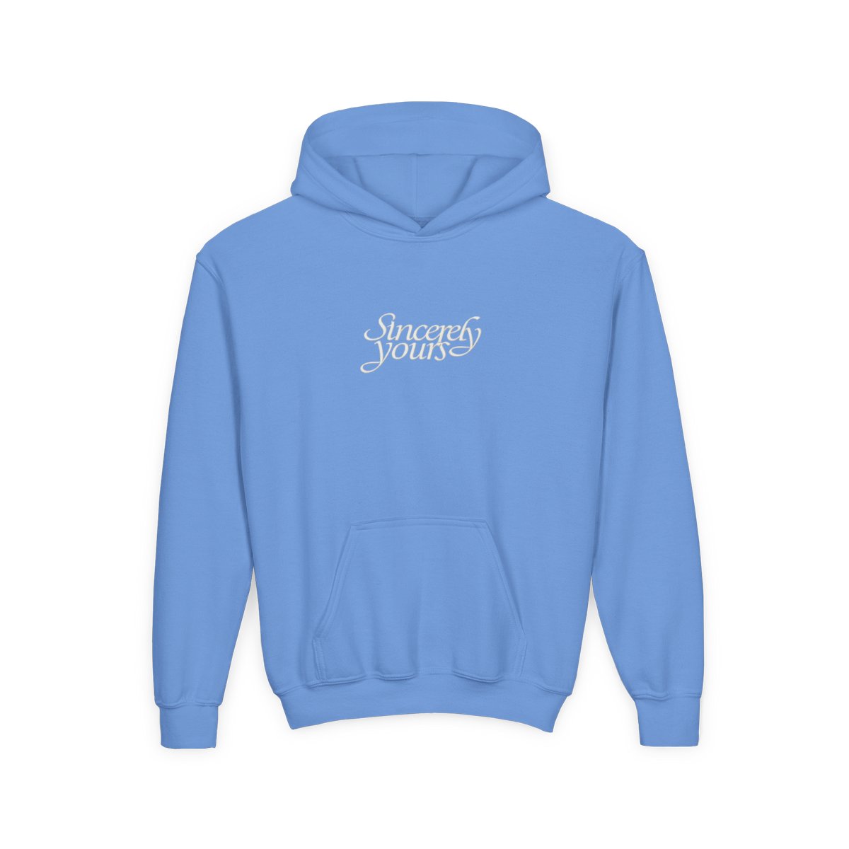 Black hooded Hoodie with the text "Sincerely yours" in a cursive font across the chest. The Hoodie has a kangaroo pocket and drawstrings. Small details are on the sleeves (Kids) - alternate angle 5, merchandise