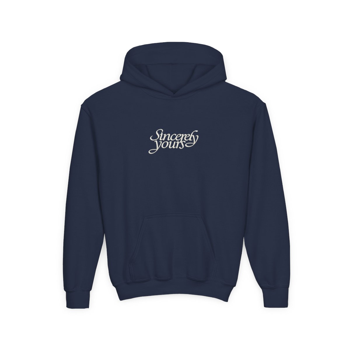 Black hooded Hoodie with the text "Sincerely yours" in a cursive font across the chest. The Hoodie has a kangaroo pocket and drawstrings. Small details are on the sleeves (Kids)