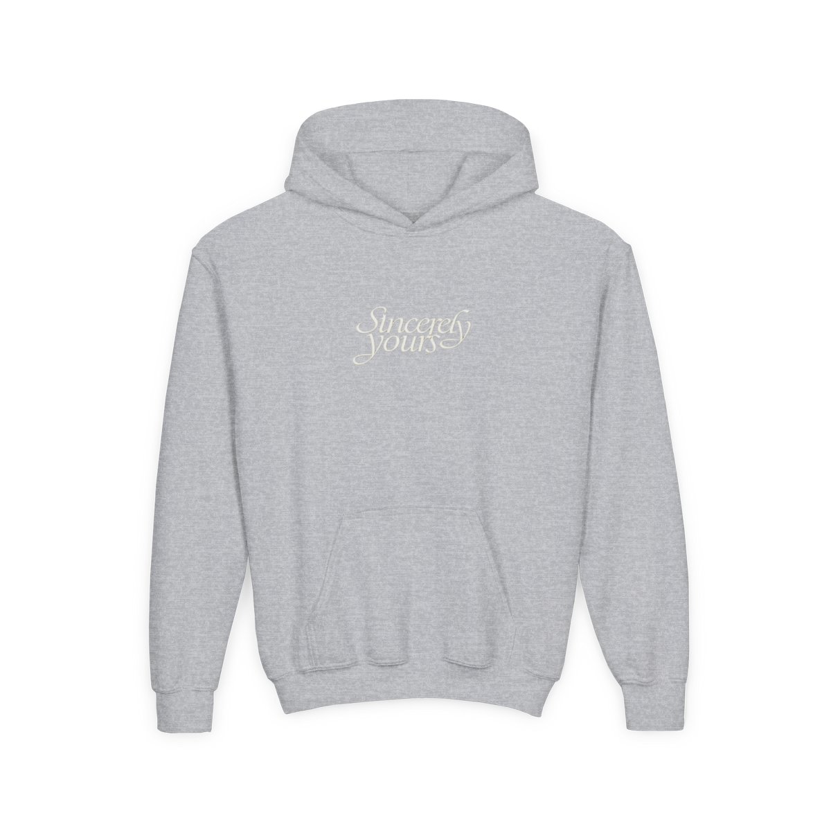 Black hooded Hoodie with the text "Sincerely yours" in a cursive font across the chest. The Hoodie has a kangaroo pocket and drawstrings. Small details are on the sleeves (Kids) - alternate angle 3, merchandise