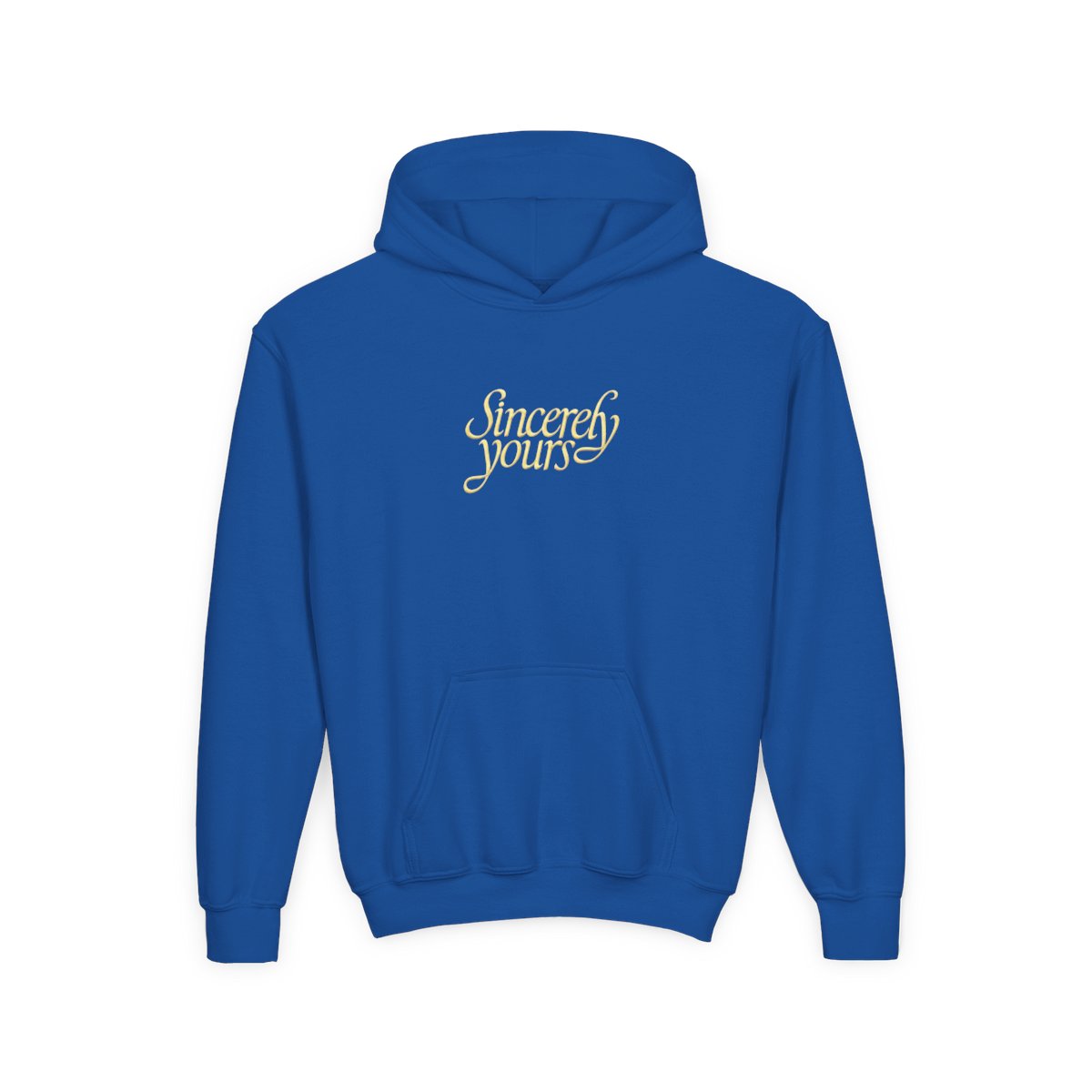 A light gray hoodie with a kangaroo pocket and a hood. The words "Sincerely yours" are in a cursive, yellow font across the chest. The hoodie is made of a soft material (Kids) - alternate angle 5, merchandise