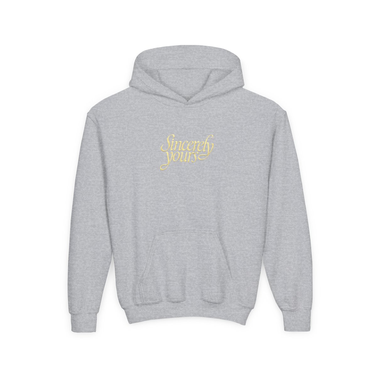 A light gray hoodie with a kangaroo pocket and a hood. The words "Sincerely yours" are in a cursive, yellow font across the chest. The hoodie is made of a soft material (Kids) - alternate angle 3, merchandise