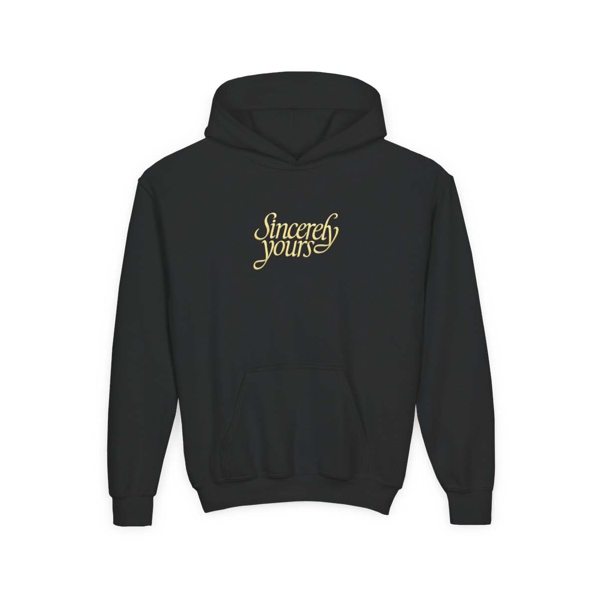 A light gray hoodie with a kangaroo pocket and a hood. The words "Sincerely yours" are in a cursive, yellow font across the chest. The hoodie is made of a soft material (Kids)