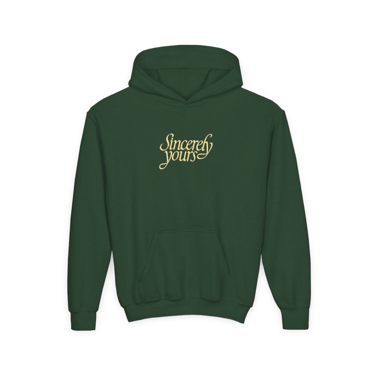 A light gray hoodie with a kangaroo pocket and a hood. The words "Sincerely yours" are in a cursive, yellow font across the chest. The hoodie is made of a soft material (Kids) - alternate angle 4, merchandise