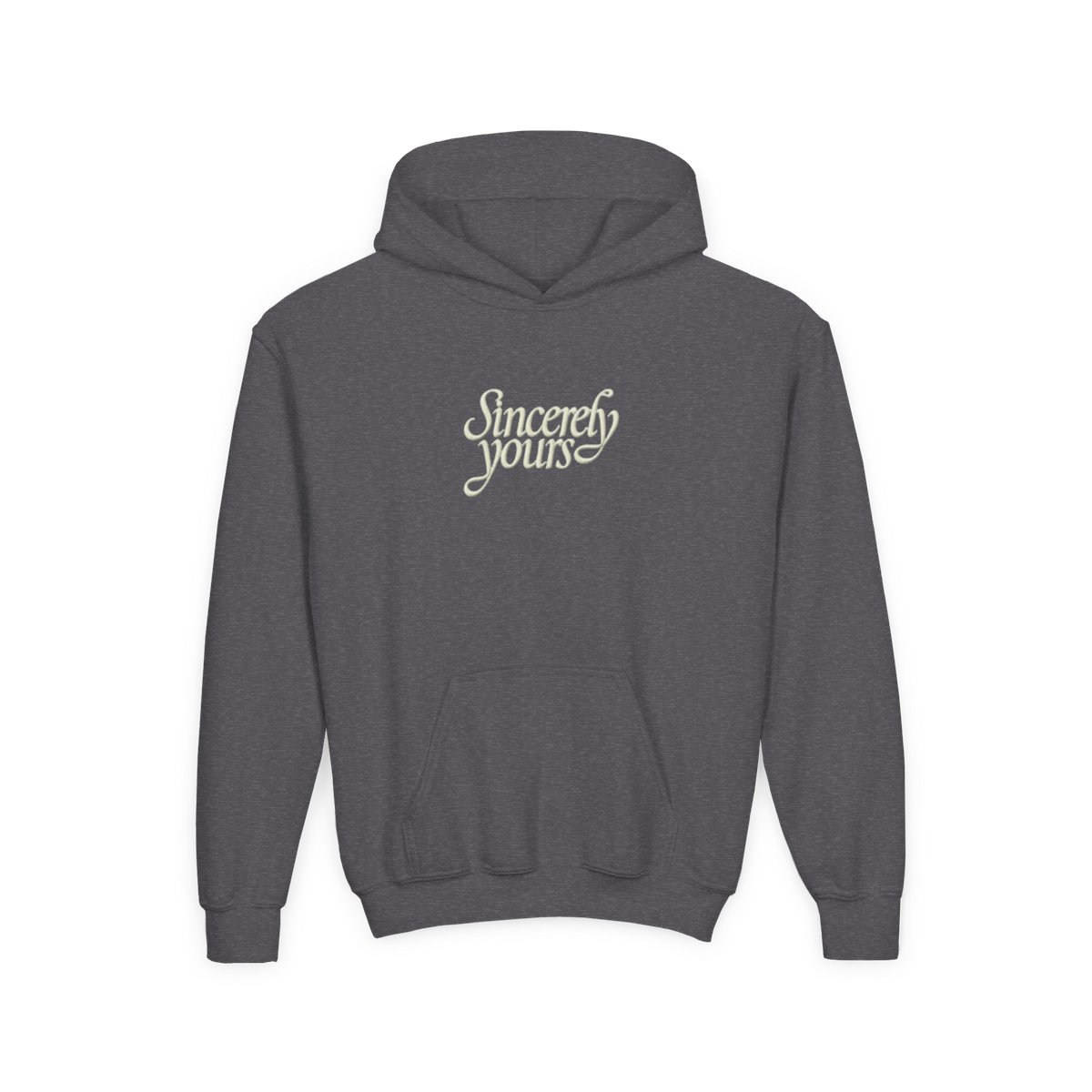 A light green hoodie with a kangaroo pocket and a drawstring hood. The phrase "Sincerely yours" is in a cursive font across the chest. The hoodie is made of a soft material (Kids) - alternate angle 2, merchandise