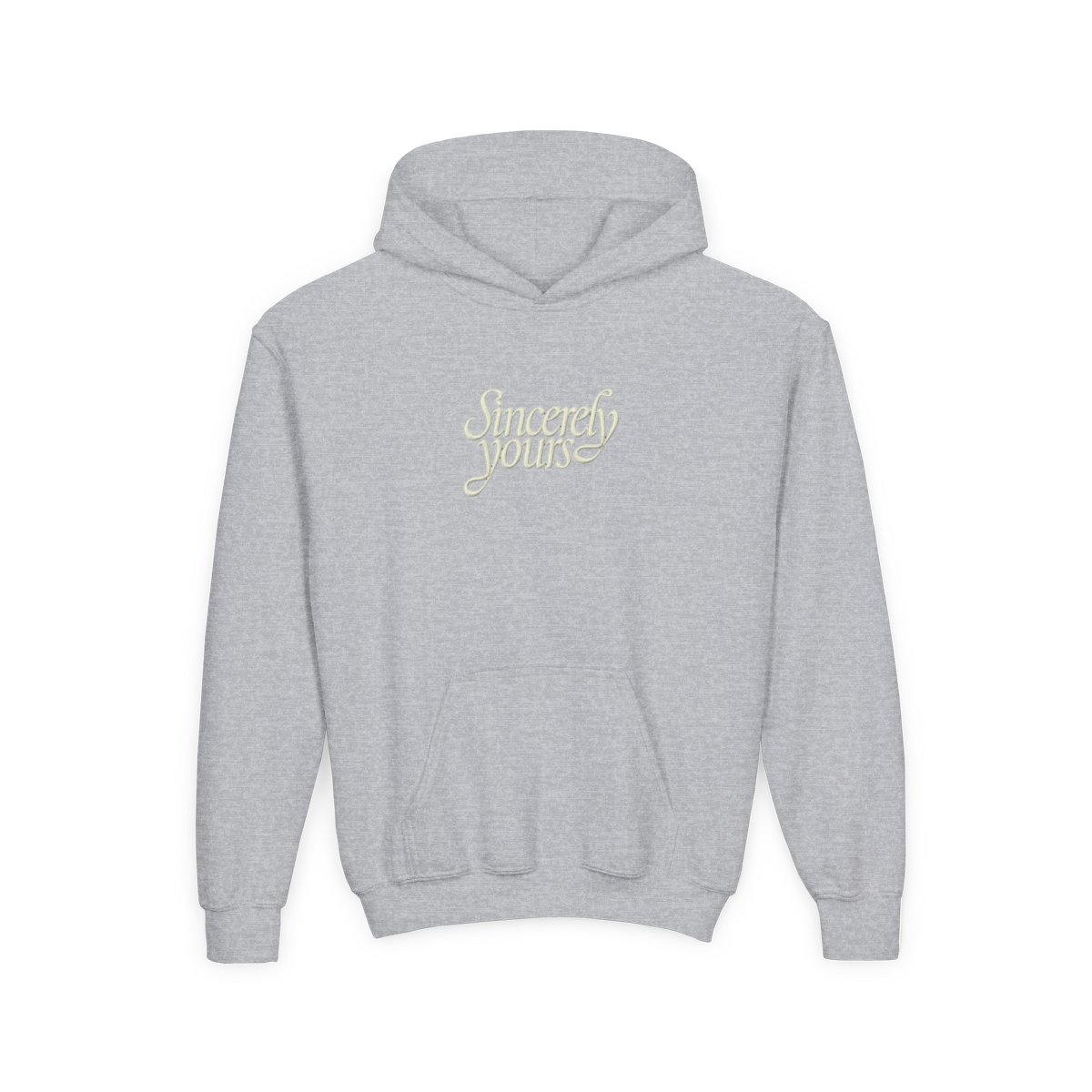 A light green hoodie with a kangaroo pocket and a drawstring hood. The phrase "Sincerely yours" is in a cursive font across the chest. The hoodie is made of a soft material (Kids) - alternate angle 2, merchandise