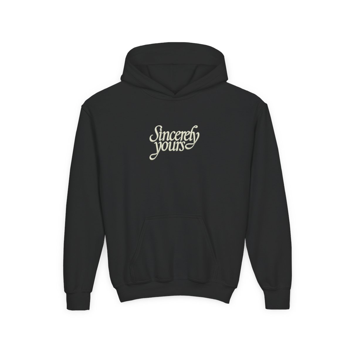 A light green hoodie with a kangaroo pocket and a drawstring hood. The phrase "Sincerely yours" is in a cursive font across the chest. The hoodie is made of a soft material (Kids)