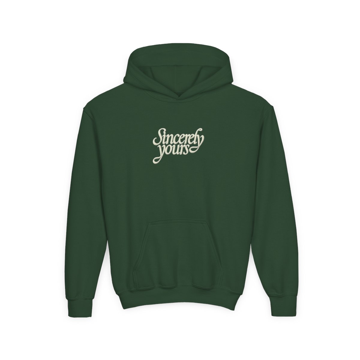 A light green hoodie with a kangaroo pocket and a drawstring hood. The phrase "Sincerely yours" is in a cursive font across the chest. The hoodie is made of a soft material (Kids) - alternate angle 3, merchandise