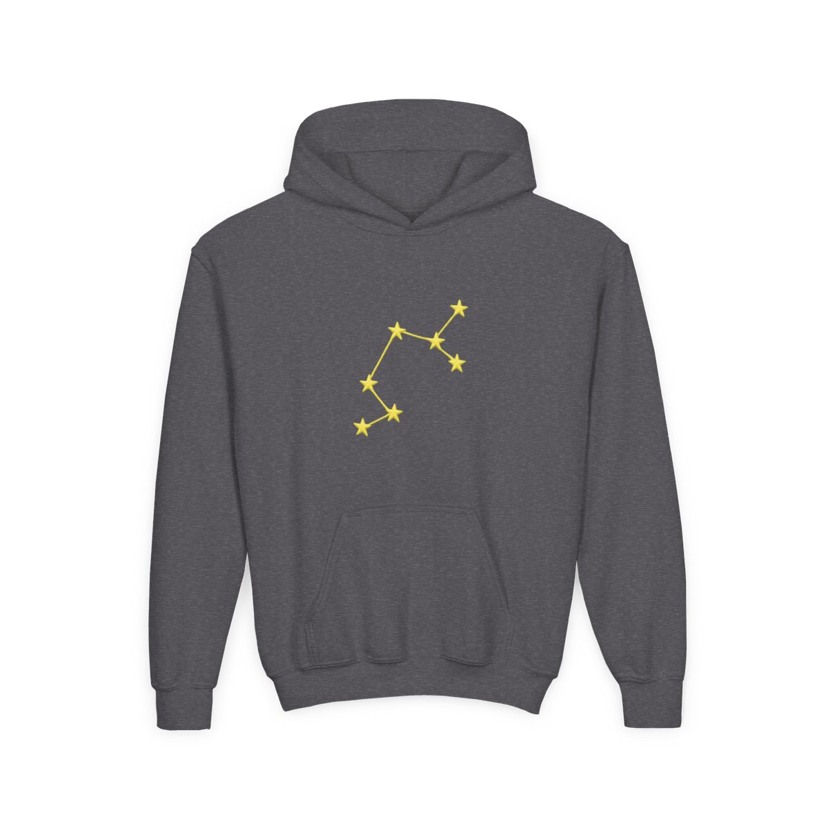 A light green hoodie with a yellow embroidered constellation design on the left sleeve. The hoodie has a ribbed cuff and a relaxed fit. The person is wearing dark gray pants. (Kids) - alternate angle 2, merchandise