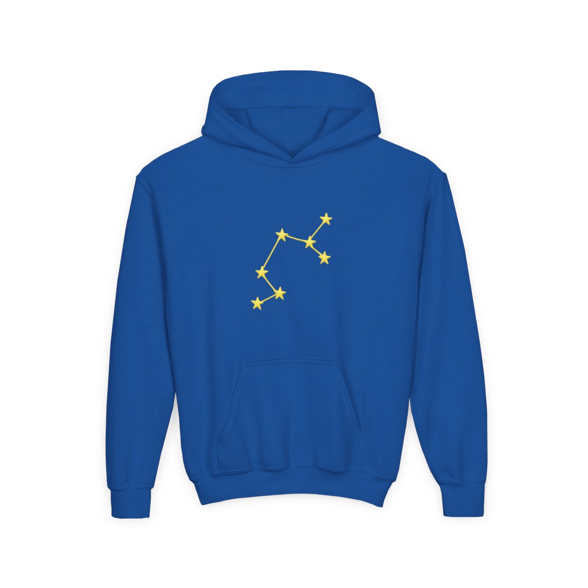 A light green hoodie with a yellow embroidered constellation design on the left sleeve. The hoodie has a ribbed cuff and a relaxed fit. The person is wearing dark gray pants. (Kids) - alternate angle 5, merchandise