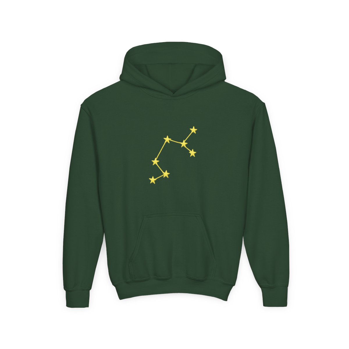 A light green hoodie with a yellow embroidered constellation design on the left sleeve. The hoodie has a ribbed cuff and a relaxed fit. The person is wearing dark gray pants. (Kids) - alternate angle 4, merchandise